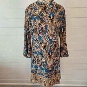 Cato Teal and Tan Paisley-Print Long Sleeve Shift Dress